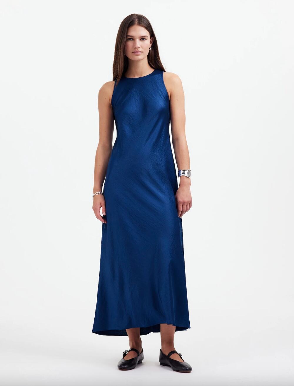Madewell Sleeveless Midi Dress Satin Slip Blue Minimalist Flowy Classic US 8 NWT